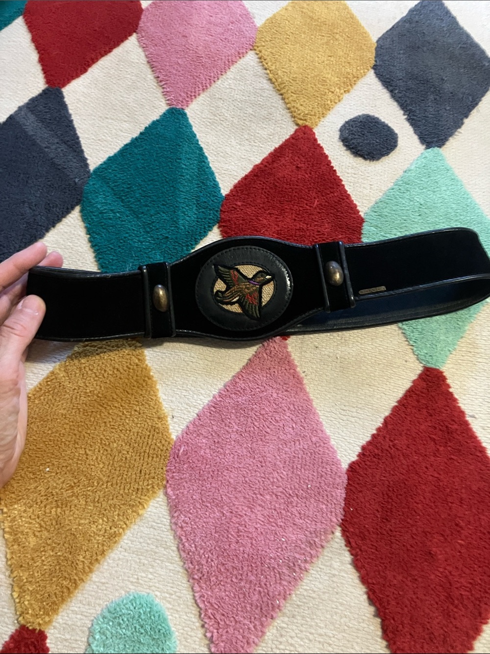 Vintage Geiger black Leather Belt with Embroidered duck Medallion